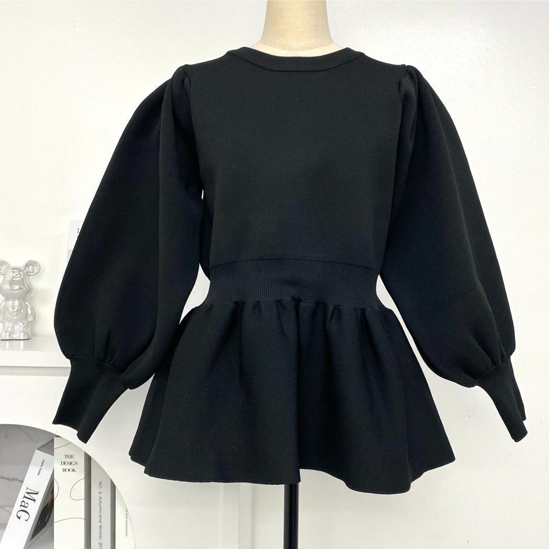 新品 TREFLE+1 ペプラムニット パフスリーブ 長袖 ブラック