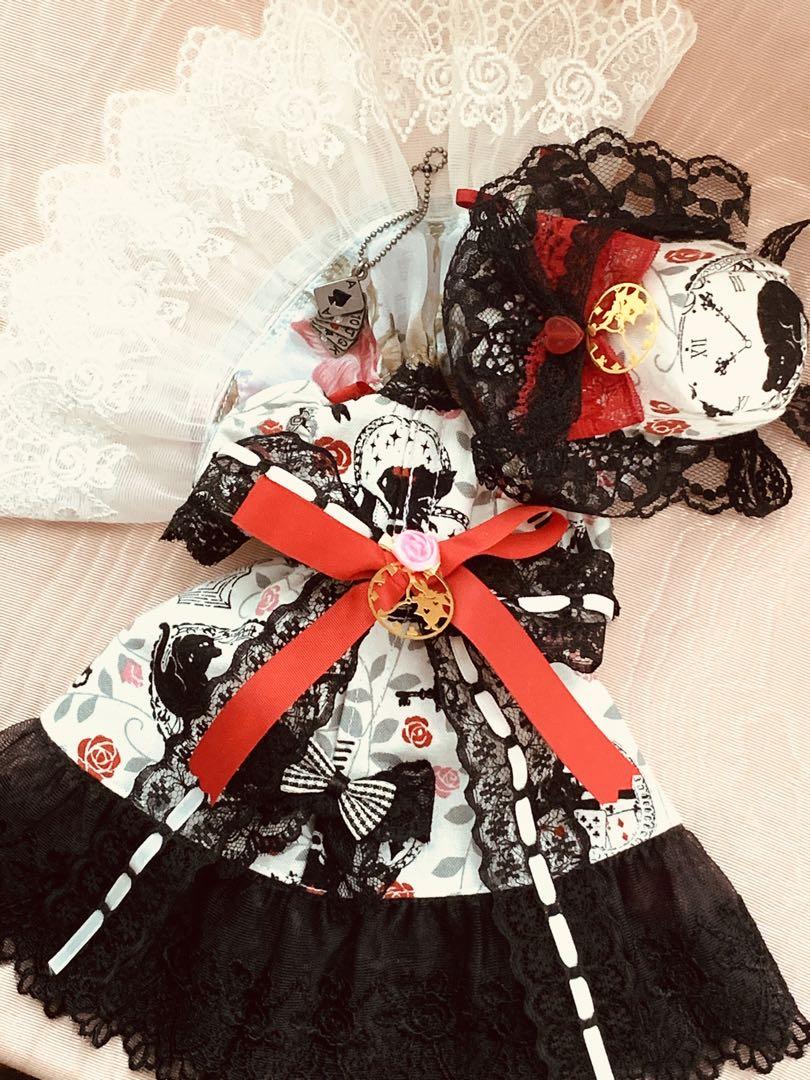 はる　ラベンダー苺&アリス総柄ゴシックロリータドレス(黒レース&赤リボン)