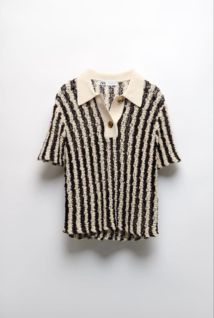 ZARA ストライプ　ニット　ポロシャツ　ブラウン×ナチュラル　サマーニット