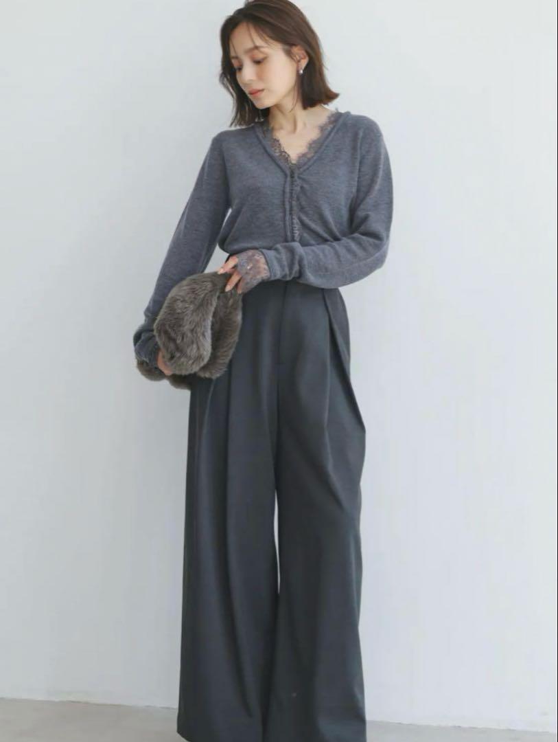 完売色 anuans アイラッシュレーストリミングニット GREY