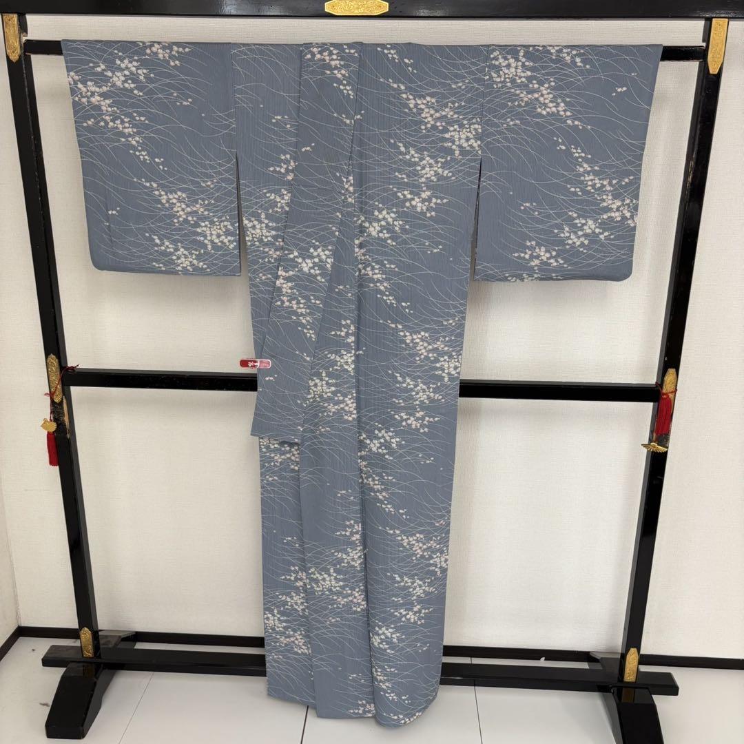 夏着物 裄67 縦絽 花柄 素敵なデザイン 小紋 正絹 T-6034