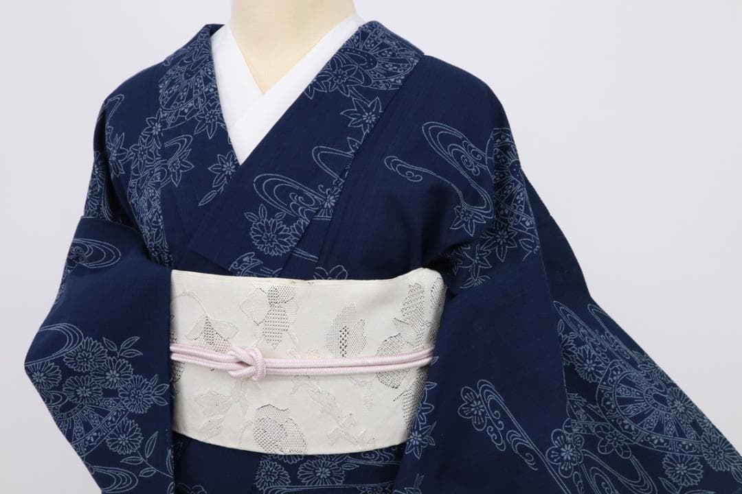 《特選◆しじら織り◆綿麻■流水に肩車菊花模様抜染■濃紺◆◆着物◆KA9-9》