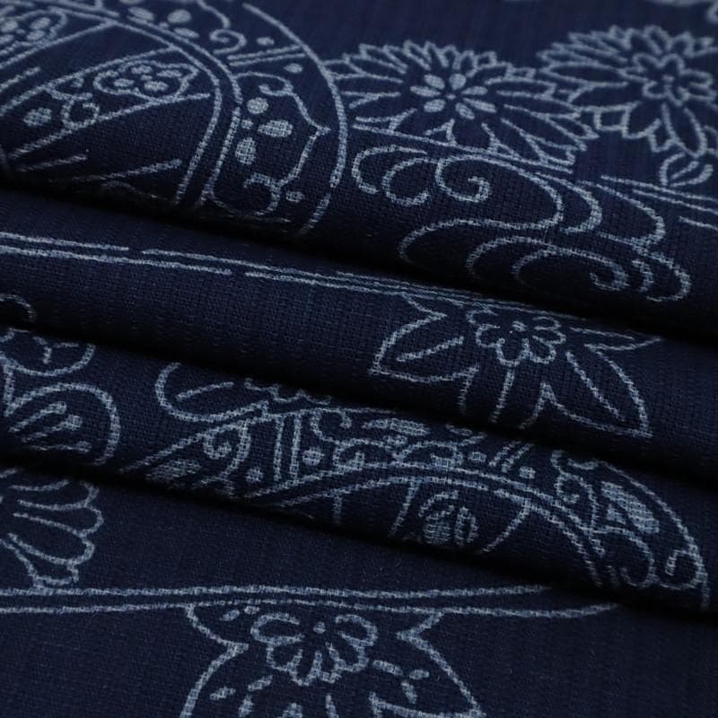 《特選◆しじら織り◆綿麻■流水に肩車菊花模様抜染■濃紺◆◆着物◆KA9-9》