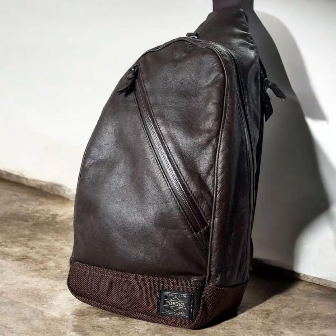 ポーター 本革 牛革 ZOOM ボディバッグ 撥水加工 ブラウン 茶 ズーム吉田カバン