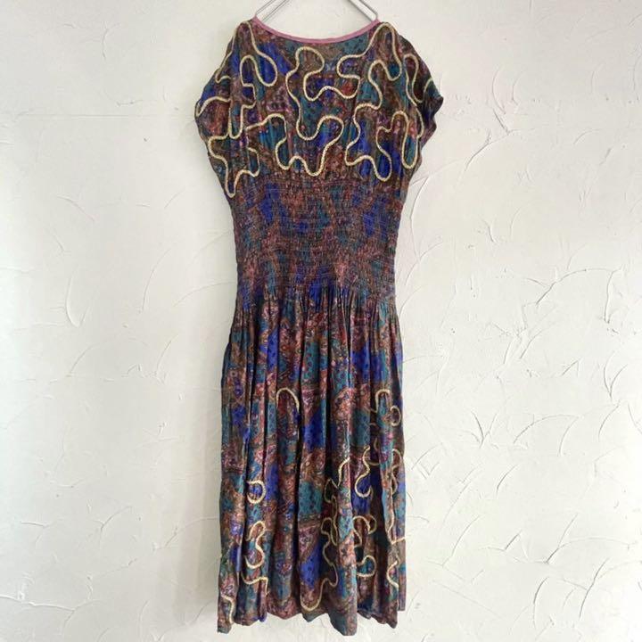 vintageペイズリー総柄ゴールドリボン刺繍装飾フレンチスリーブワンピース LbsUH-m47467815042 定番人気