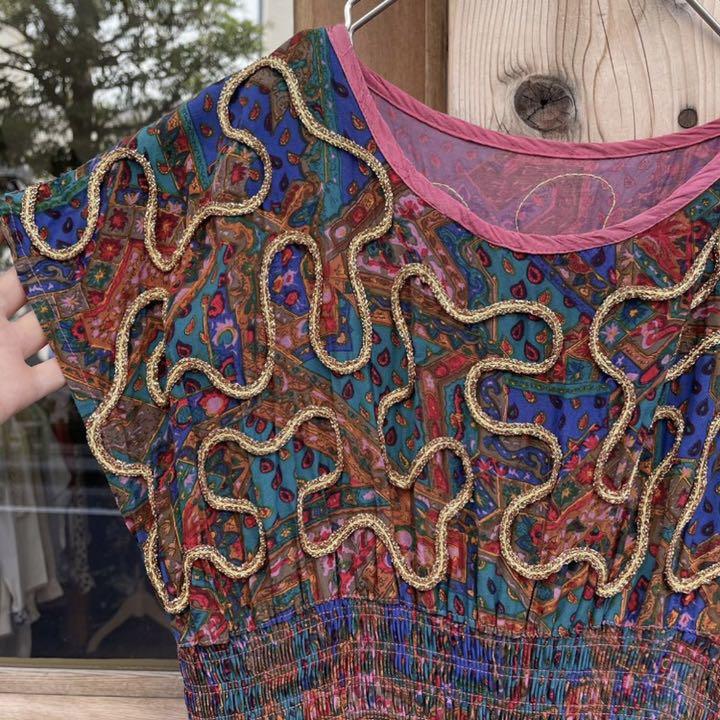 vintageペイズリー総柄ゴールドリボン刺繍装飾フレンチスリーブワンピース LbsUH-m47467815042 定番人気
