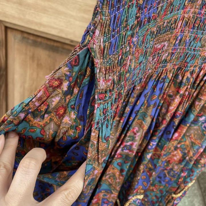 vintageペイズリー総柄ゴールドリボン刺繍装飾フレンチスリーブワンピース LbsUH-m47467815042 定番人気