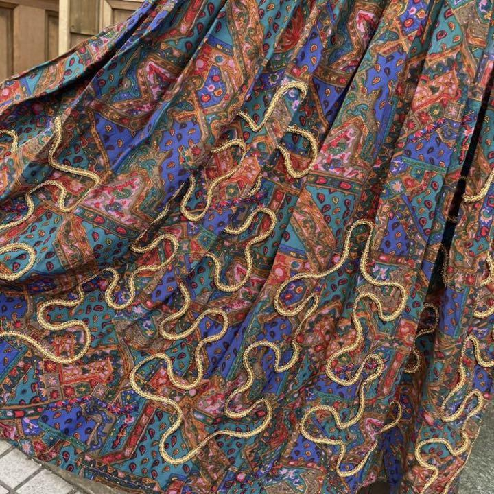 vintageペイズリー総柄ゴールドリボン刺繍装飾フレンチスリーブワンピース LbsUH-m47467815042 定番人気