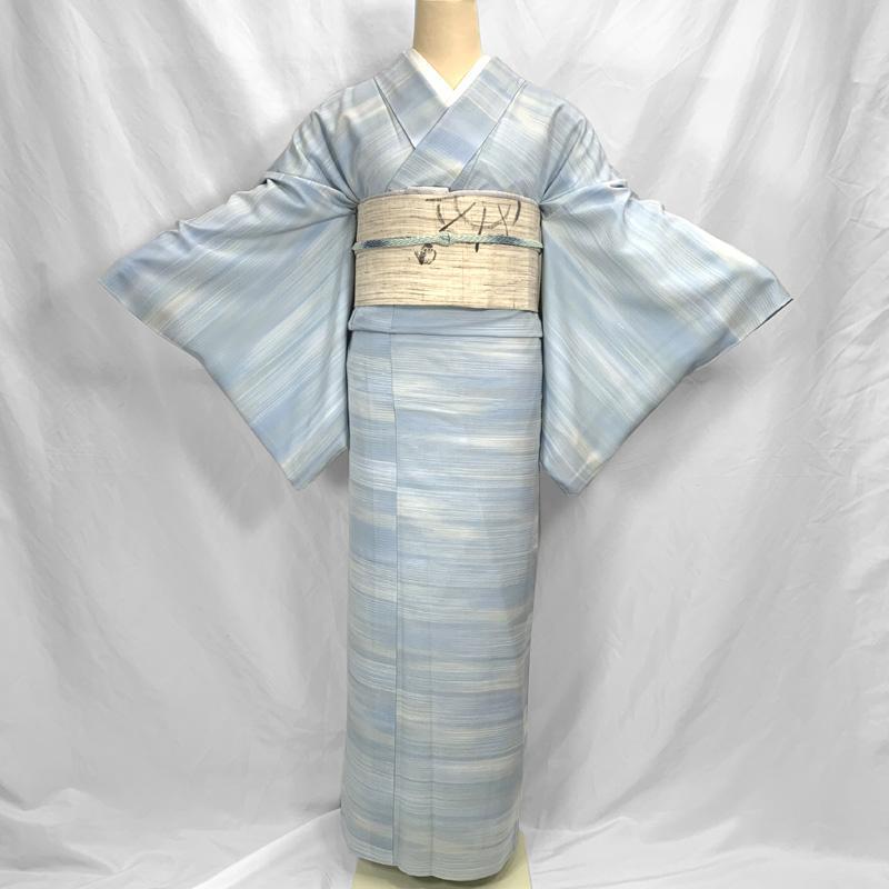 〇405mk24〇夏物 絽 小紋 暈し 水色 ふくよかサイズ 居敷当て付き〇美品