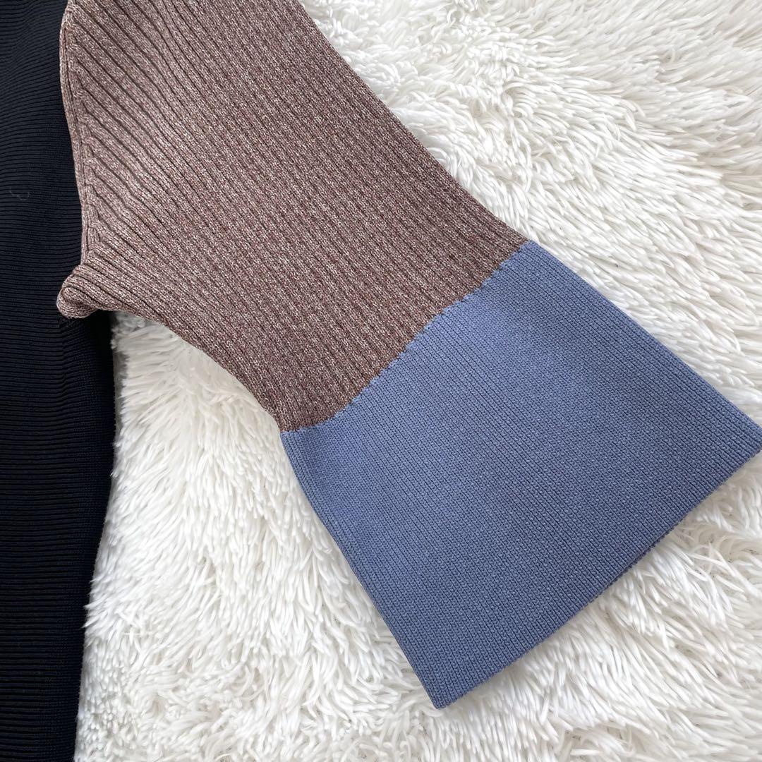 美品✨FURFUR✨カラーブロックニットワンピース　半袖　ブラック　フレア　F