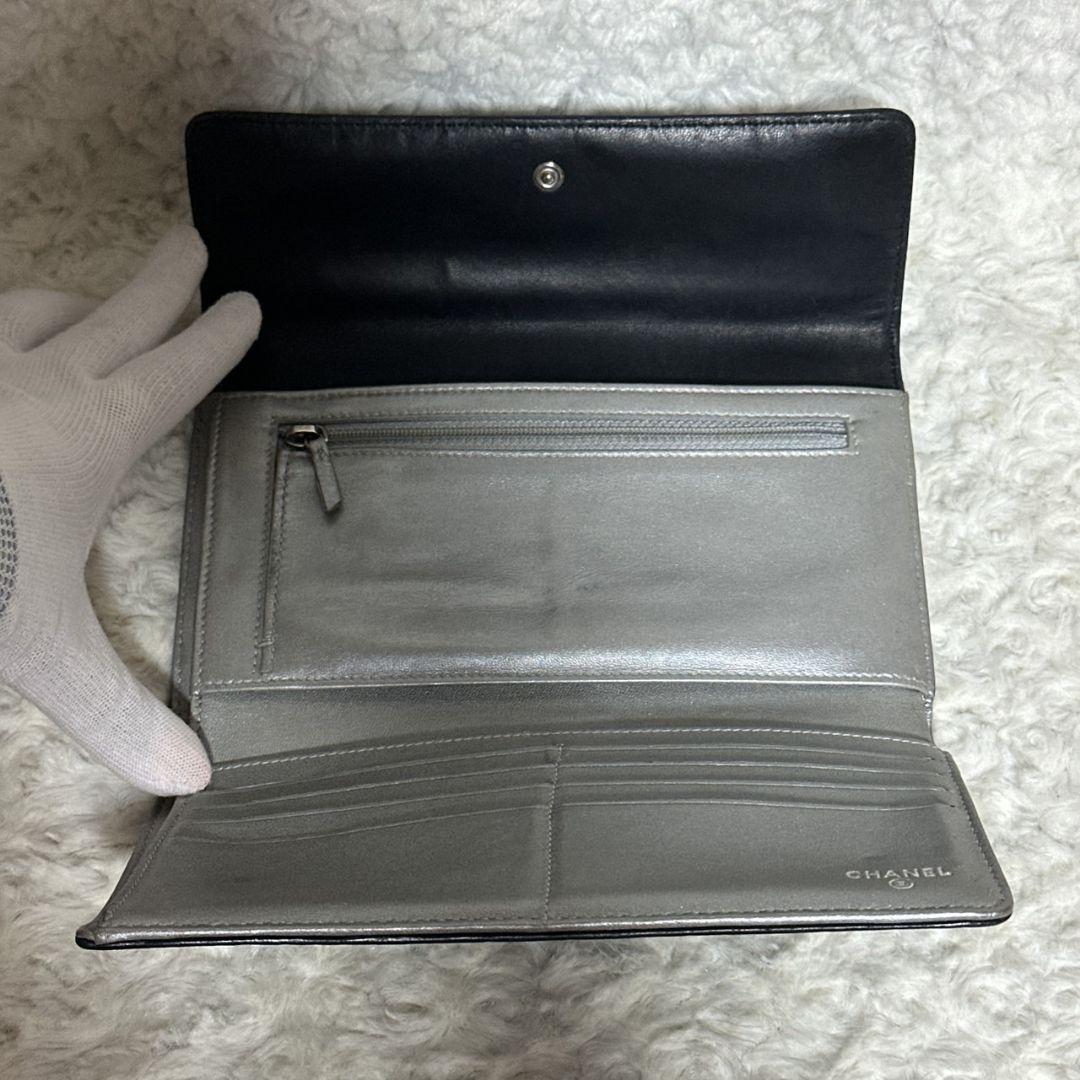 極美品　CHANEL カメリア　長財布　三つ折り財布　ブラック　シルバー金具