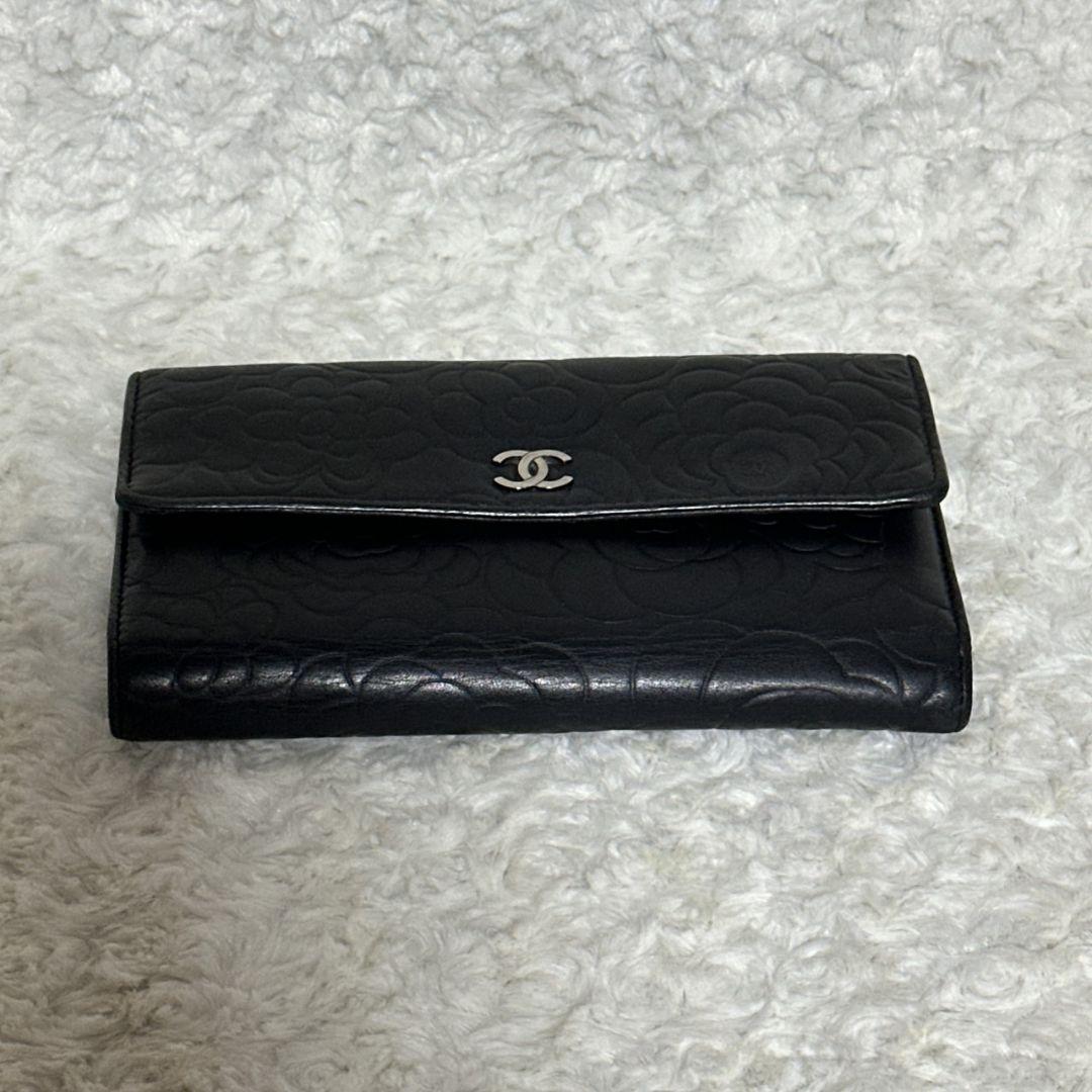 極美品　CHANEL カメリア　長財布　三つ折り財布　ブラック　シルバー金具