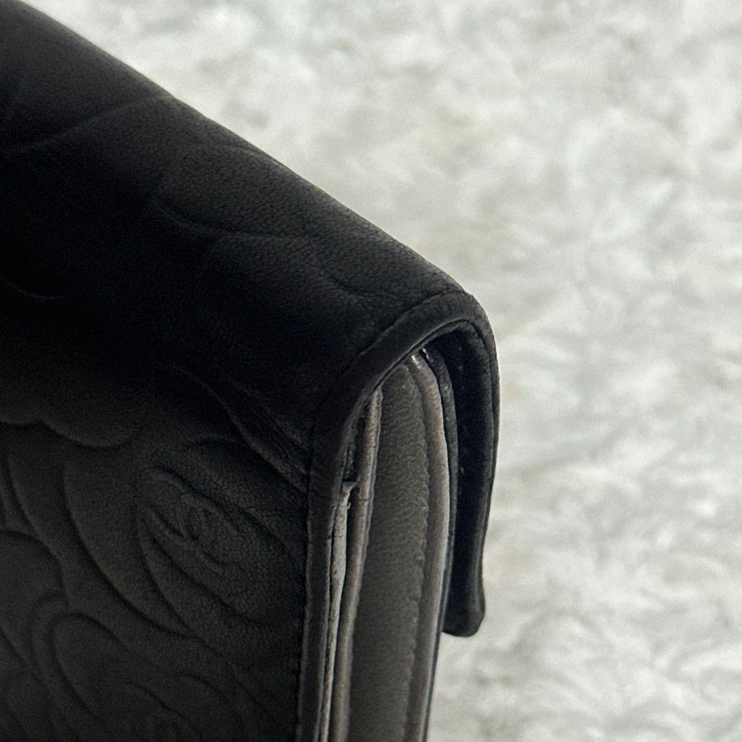 極美品　CHANEL カメリア　長財布　三つ折り財布　ブラック　シルバー金具