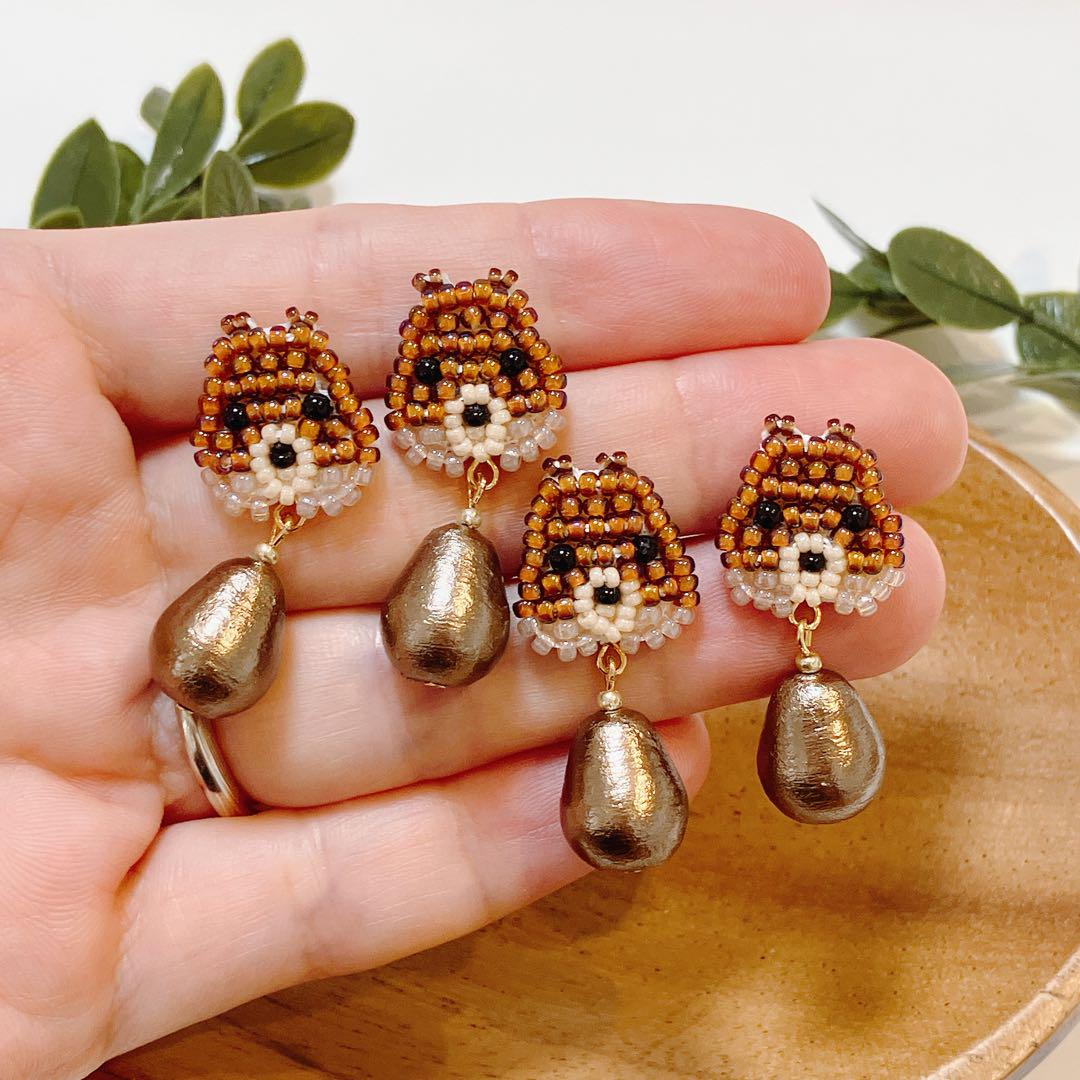 プレーリードッグ ビーズ刺繍ピアス ハンドメイドピアス 動物