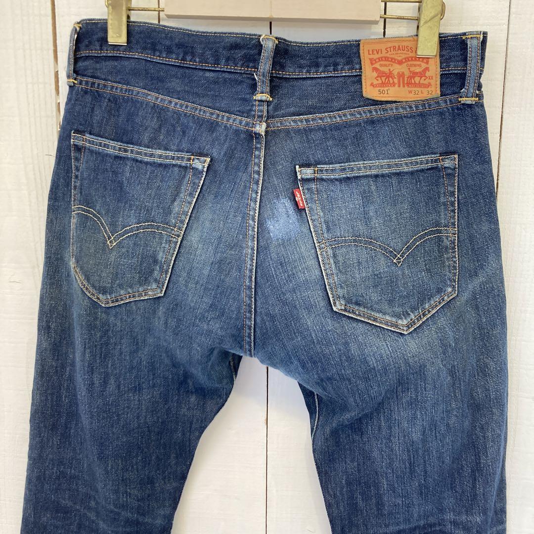 ★送料無料★Levis501★縦落ち濃紺インディゴ 黒カンレザーパッチ★W32