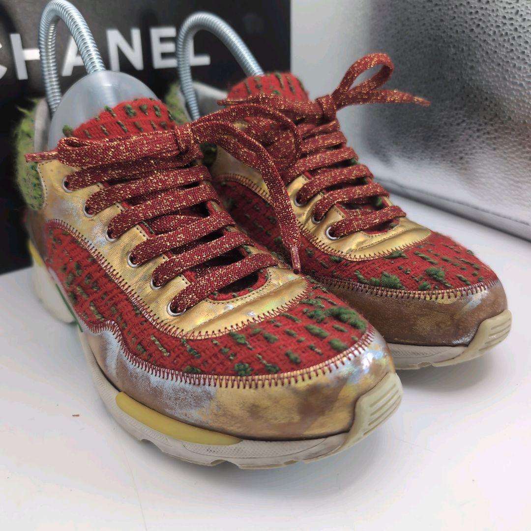 CHANEL シャネル スニーカー ココマーク ツイード オレンジ 24cm