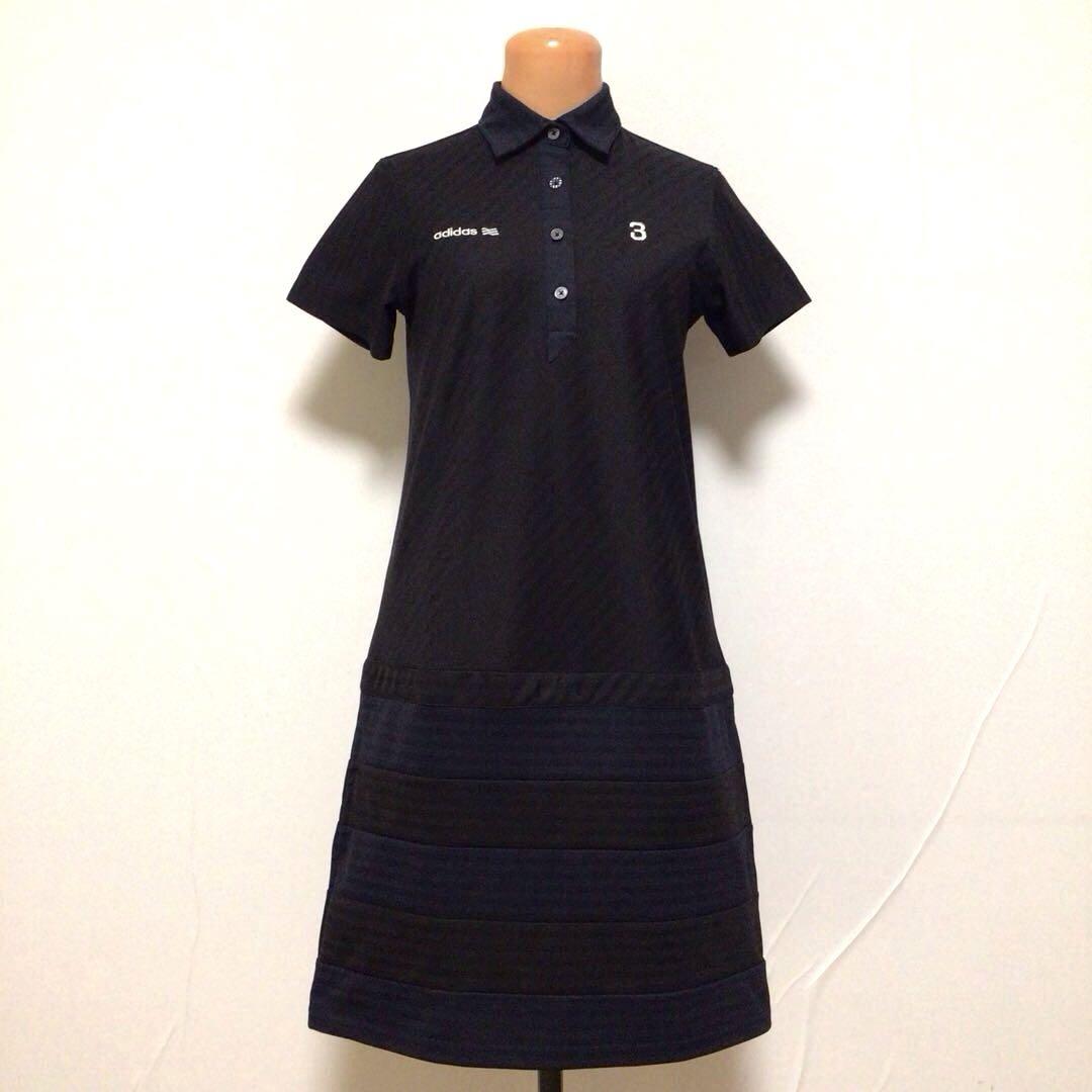 adidas GOLF ワンポイント 総柄 ポロ ワンピース黒紺 S