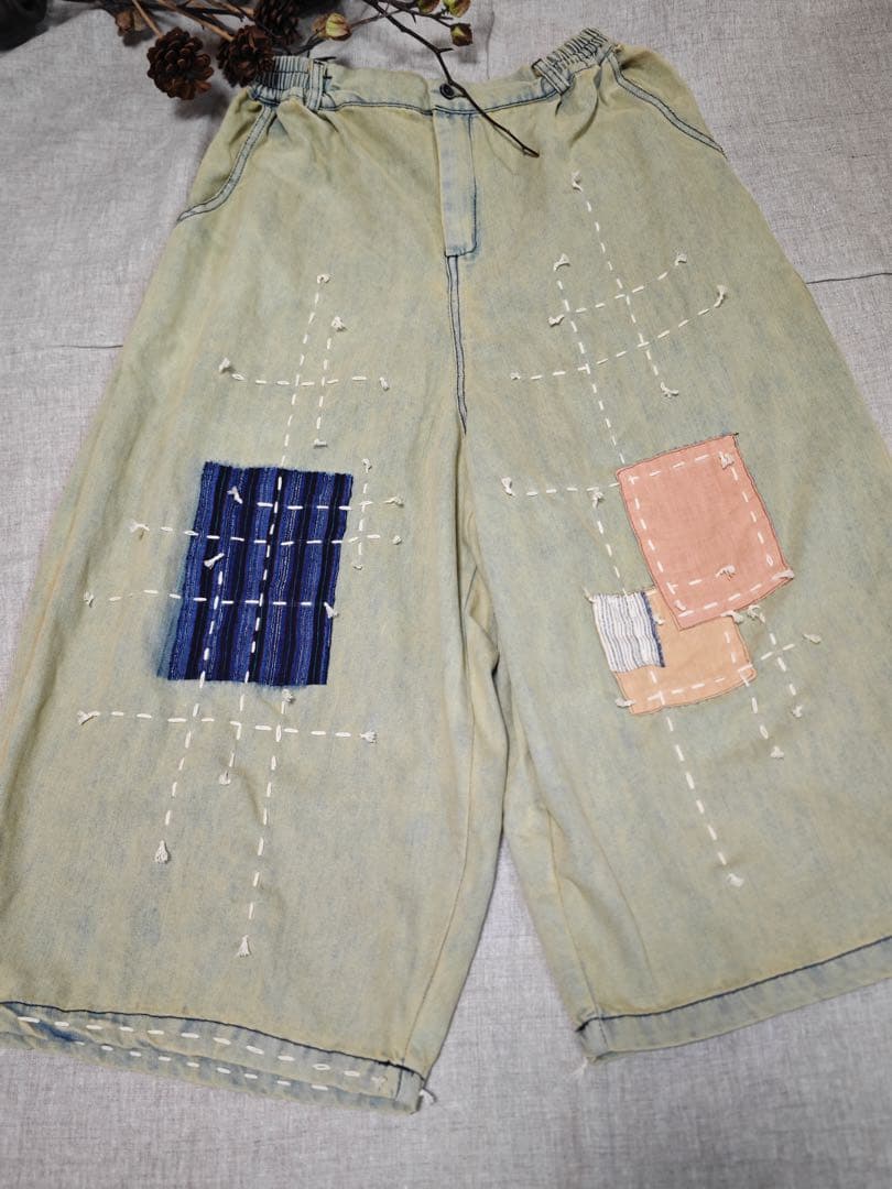 ゆったり 個性　刺し子 デニムリメイク　サルエルパンツ パッチワーク