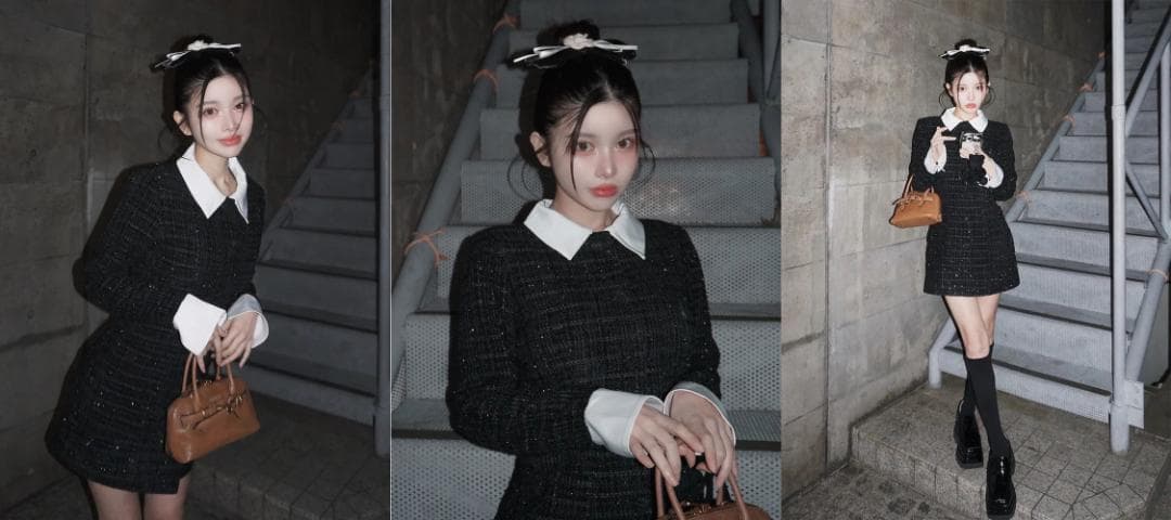 ダーリッチ darich クラシカルボウタイツイードミニワンピース BLK F