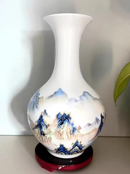 陶磁器製 山水画 フラスコ型花瓶