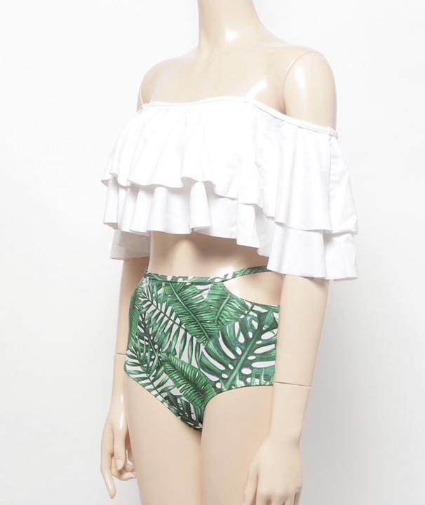 注目ショップ・ブランドのギフト オフショルダーフリルトップス×リーフ柄ショーツビキニ 水着2点セット 水着セパレート 注目ショップ・ブランドのギフト オフショルダーフリルトップス×リーフ柄ショーツビキニ 水着2点セット 水着セパレート