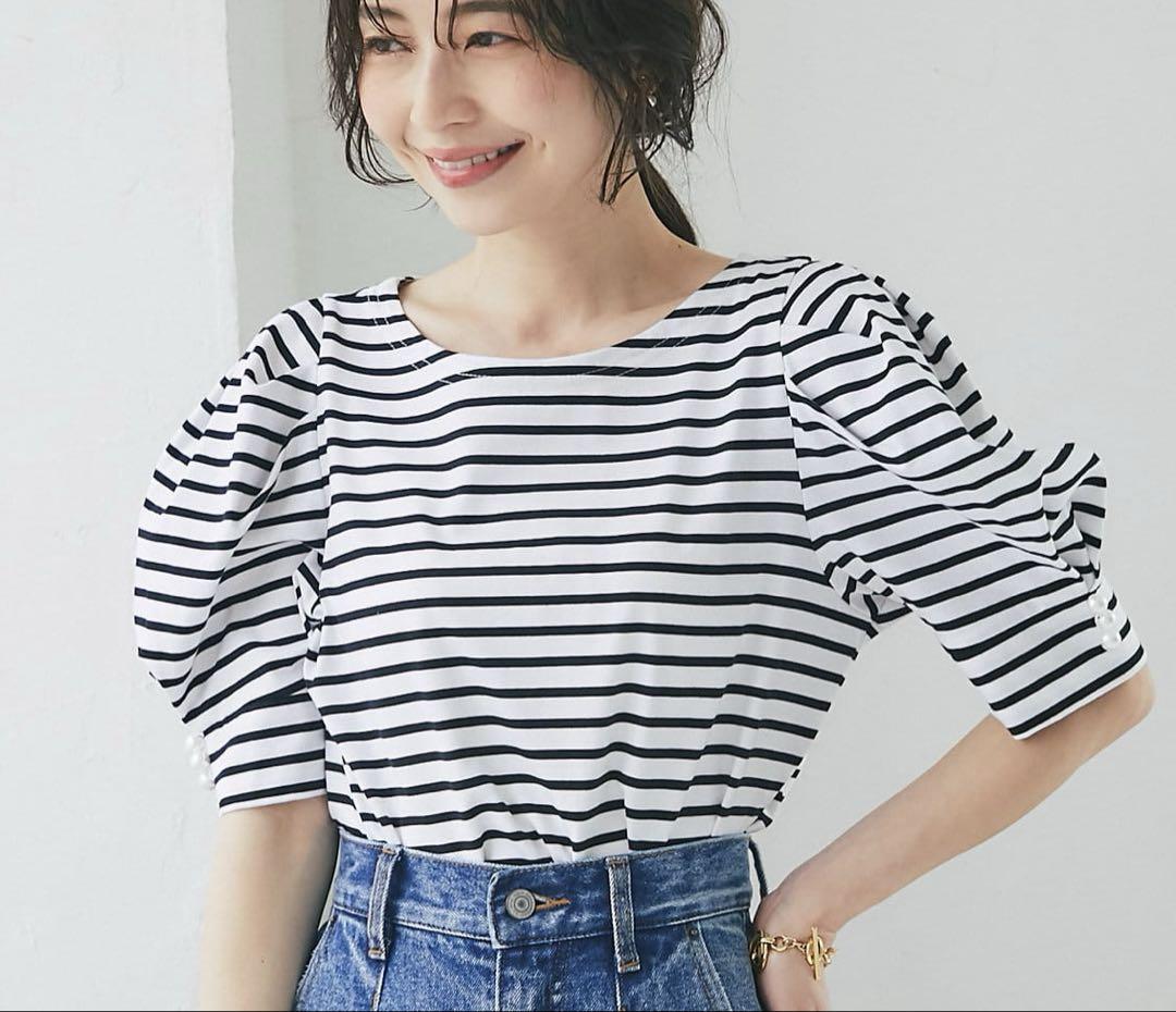 La boutique BonBon パール釦パワショルカットソー ボーダー