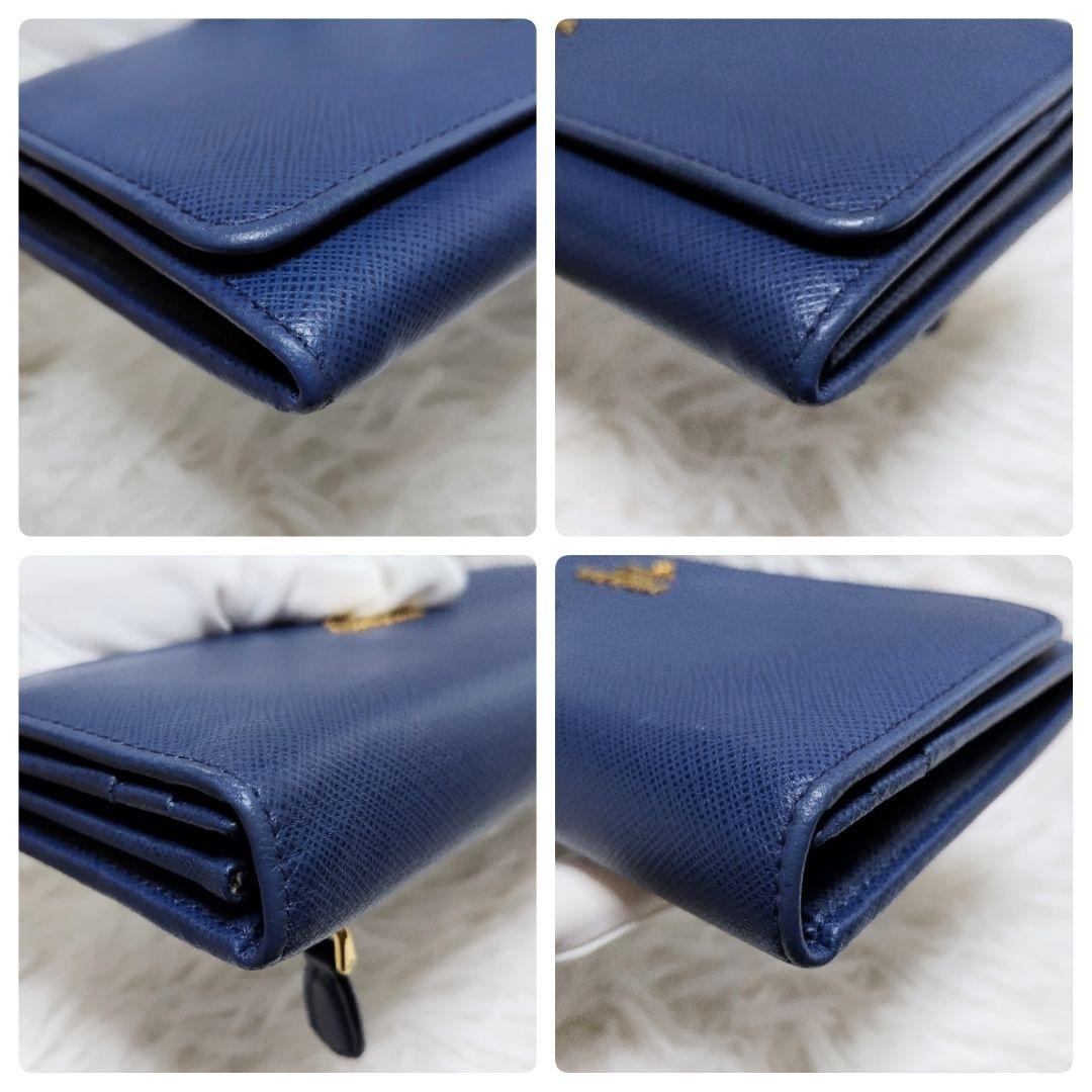 美品✨プラダ◇パスケース付きフラップ長財布　サフィアーノレザー　ゴールド金具青