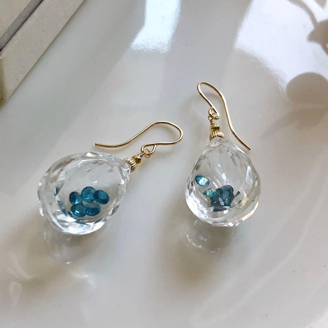 高品質✧水晶×ロンドンブルートパーズ ジュエリーBOXピアス✧14kgf