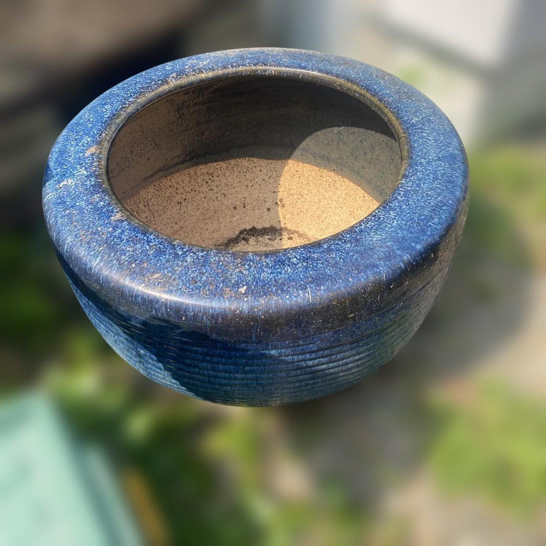 陶器製 グラデーション 水鉢 睡蓮鉢 大型 50センチ 埼玉県 新品 ∅50cm 陶器睡蓮鉢大型 難有 メダカ鉢 手造り 青＆緑色 高級