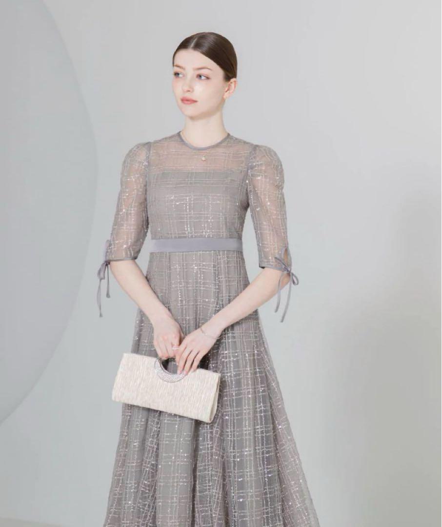 LEJA-チェック刺繍スパンコールチュール素材袖リボンパフスリーブ　グレー　S