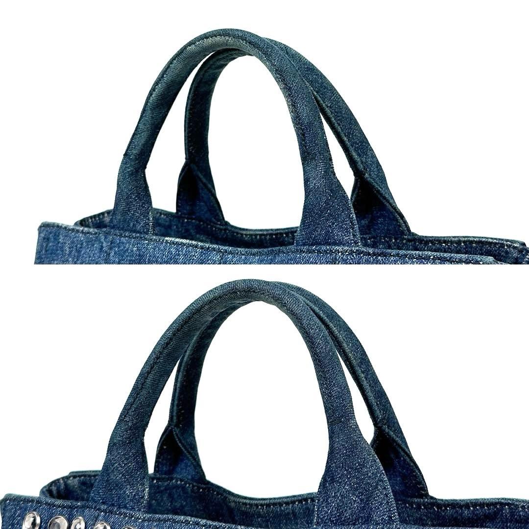 【極美品】プラダ　カナパ　ハンドバッグ　ビジュー　三角ロゴ　シルバー金具　デニム
