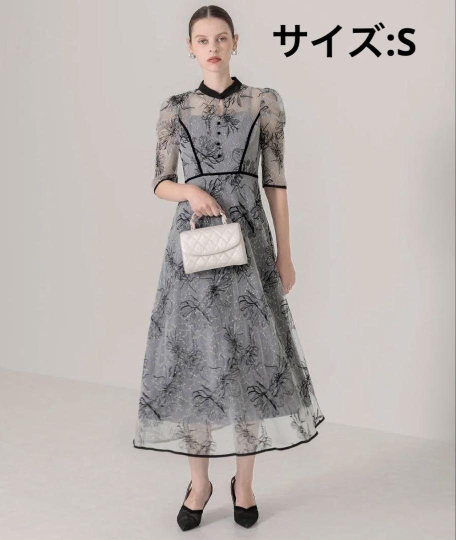 Leja 配色パイピングプチハイネック花柄刺繍ラメレースロング丈　ブルー　S