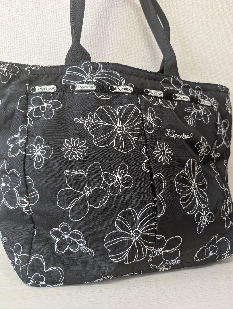 美品】LeSportsac トートバッグ 花柄 刺繍 ブラック