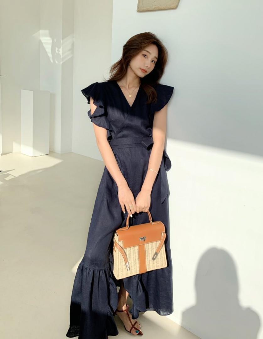 バースデーバッシュカシュクールリ ネンフリルロングワンピース