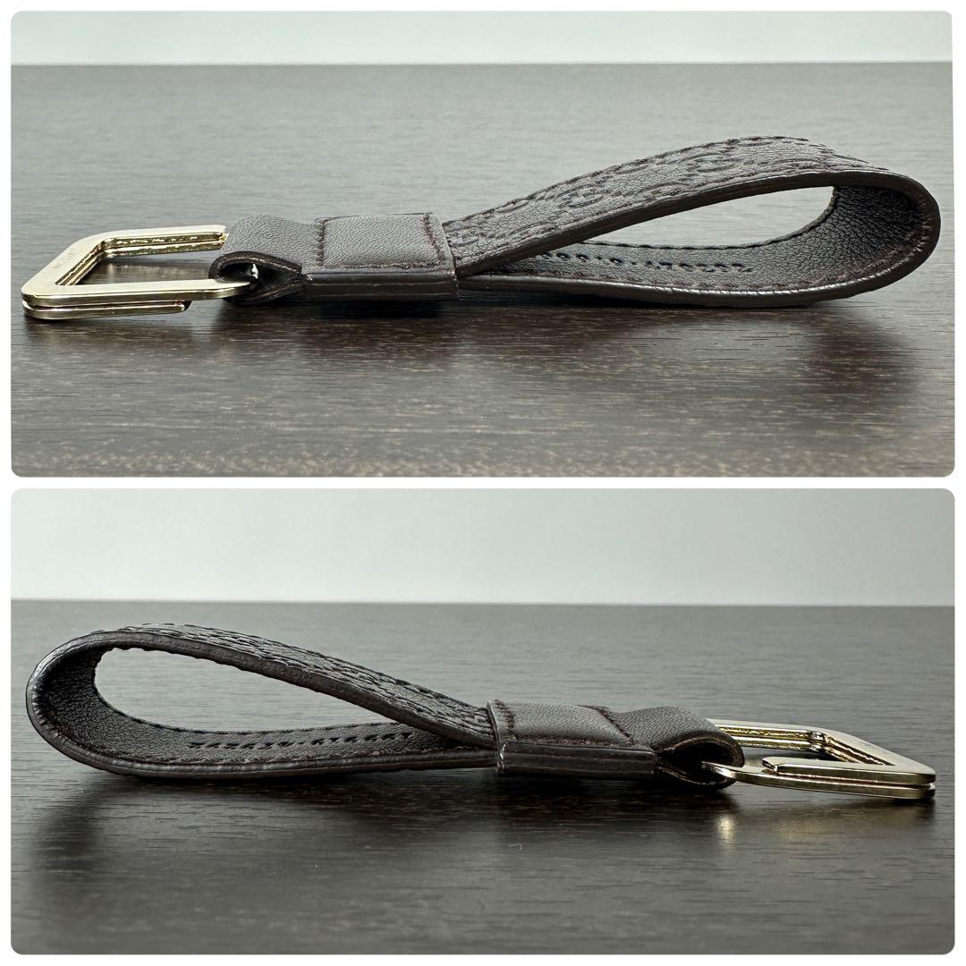 【未使用級】GUCCI　レザーキーホルダー　マイクログッチシマ　GG柄　ブラウン