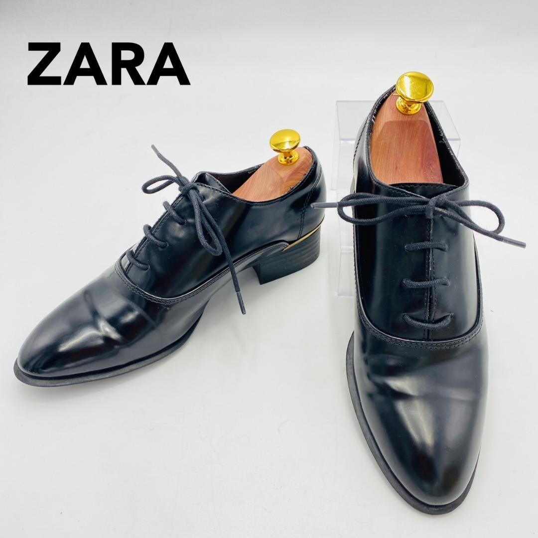 ZARA ドレスシューズヒールゴールドライン レースアップ 36 ブラック