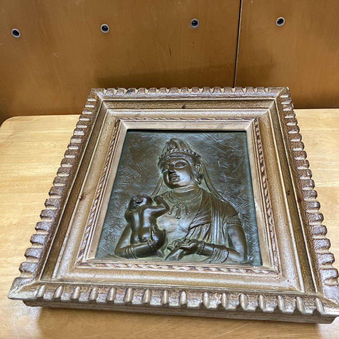 アンティーク 観音像 銅仏像 仏像 銅像 額縁 芸術 アート 美術 壁掛け