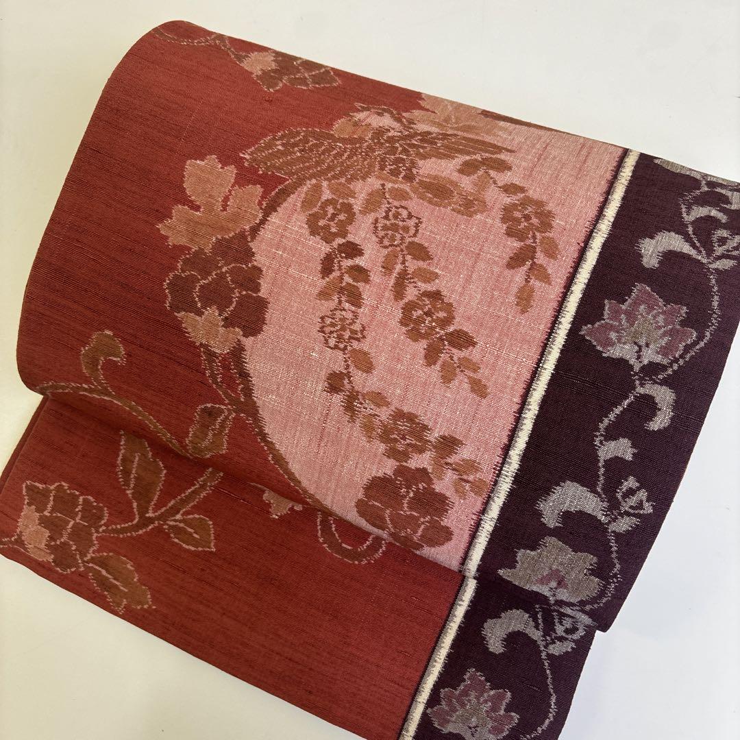 袋帯 秀品 夏帯 華文 花唐草 箔 灰紫 六通 正絹｜中古・古着