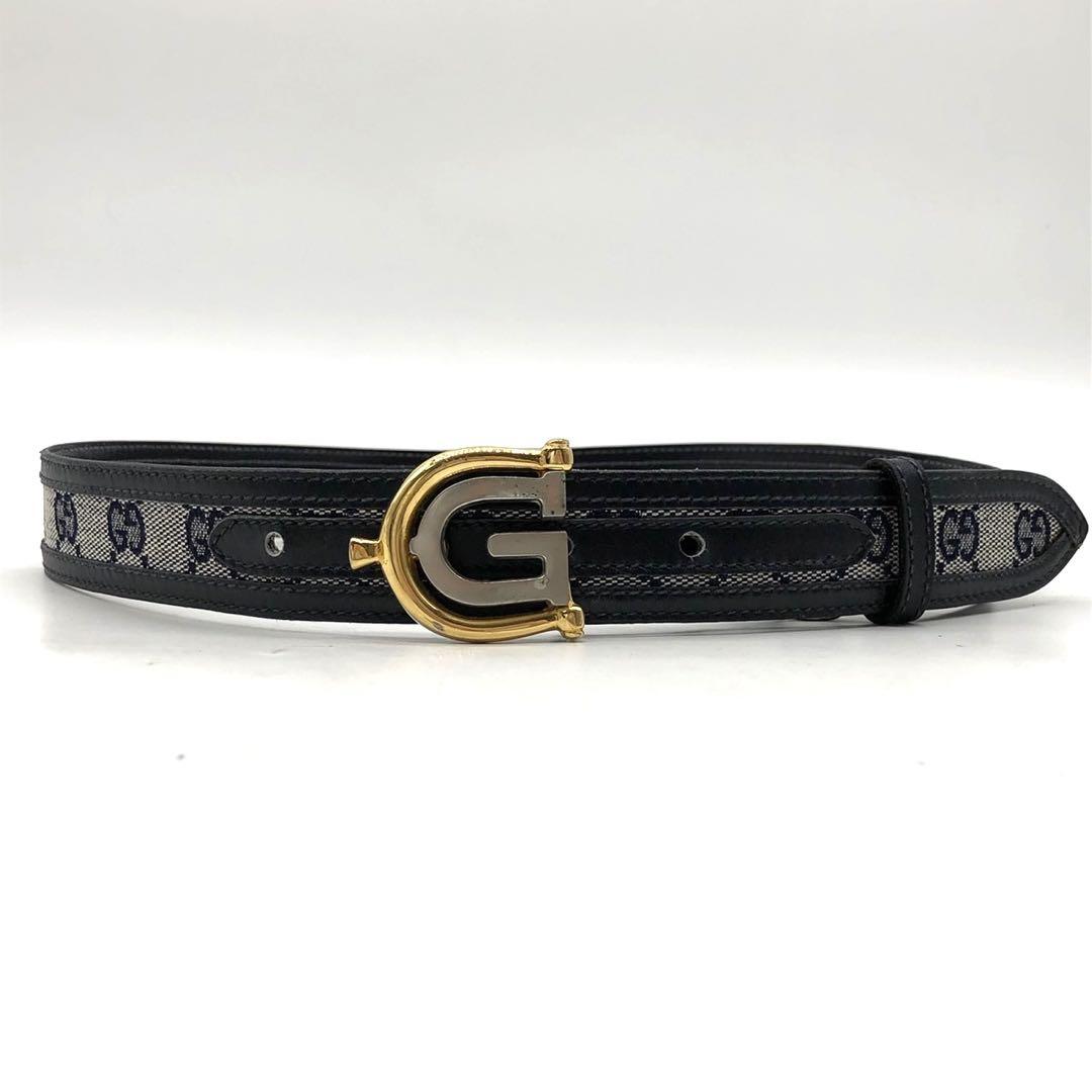✨GUCCI✨ ベルト GG キャンバス レザー ダークネイビー レディース ✨極希少・美品✨グッチ ベルト GG柄 G金具 キャンバス レザー