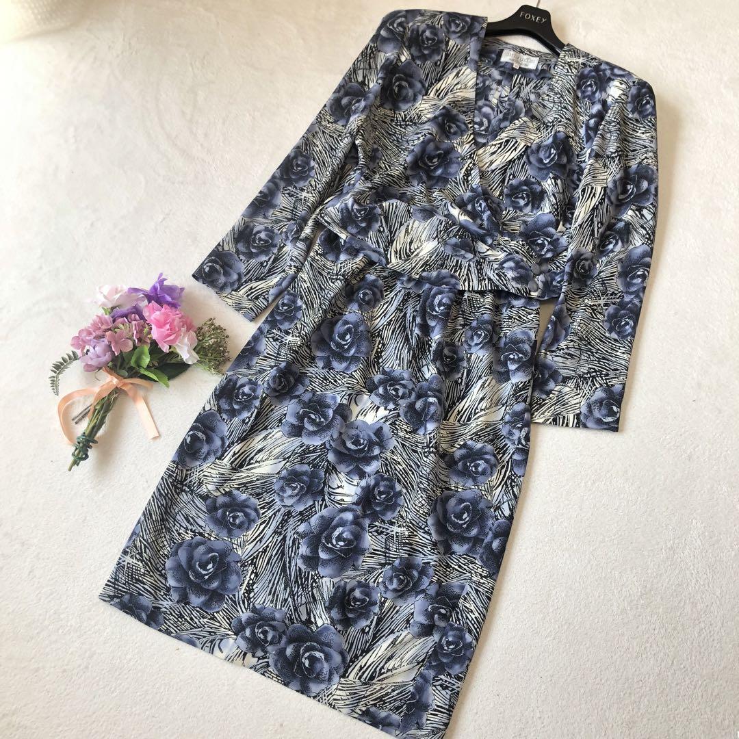 ミラショーン　スカートセットアップ　カシュクール　花柄　サイズ40　青