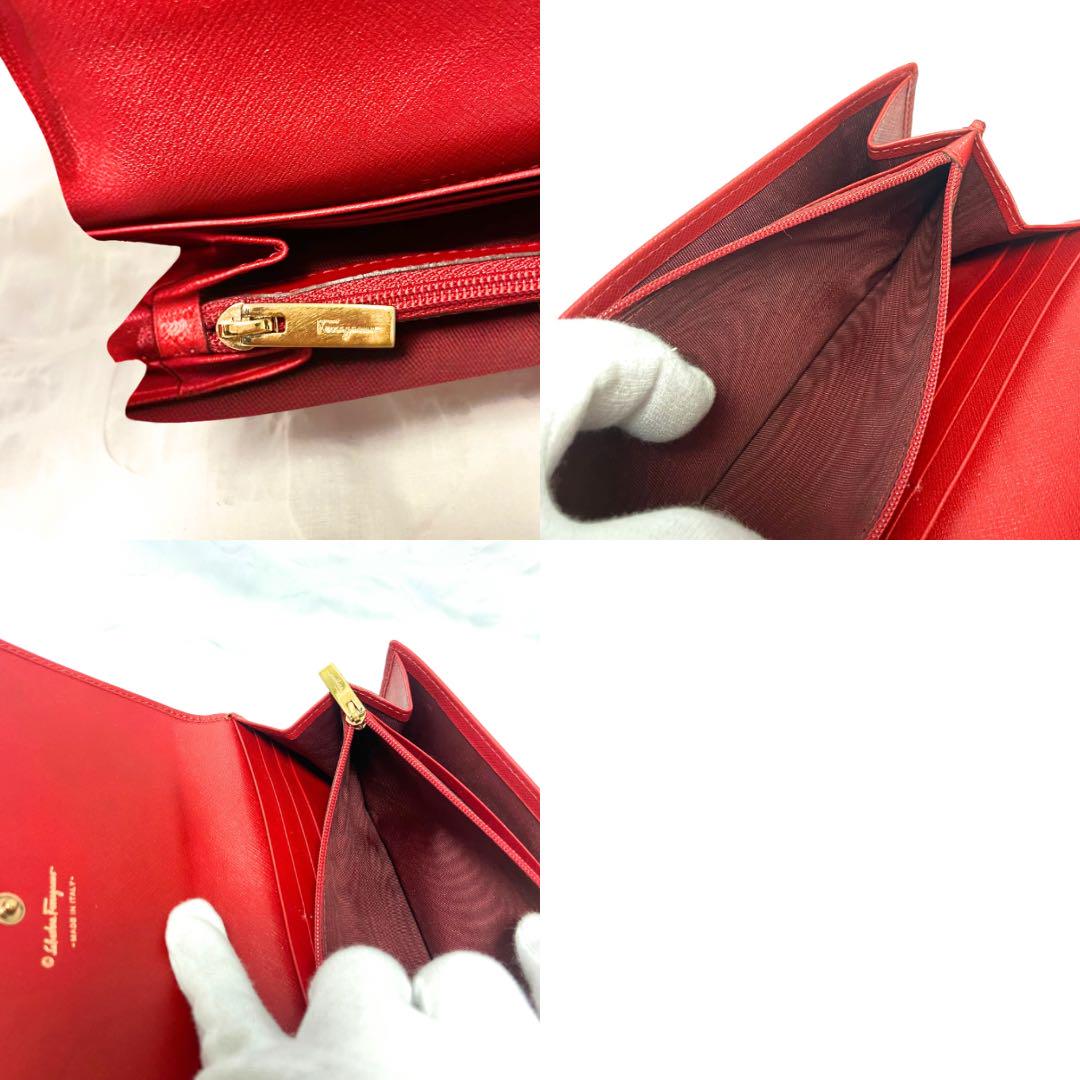 【美品】Ferragamo レザー ハートモチーフ 赤 長財布 ヴァラ リボン