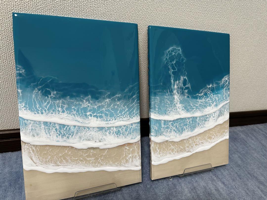ターコイズブルー海のレジンアート 2枚で1つのアート30×20 2枚セット