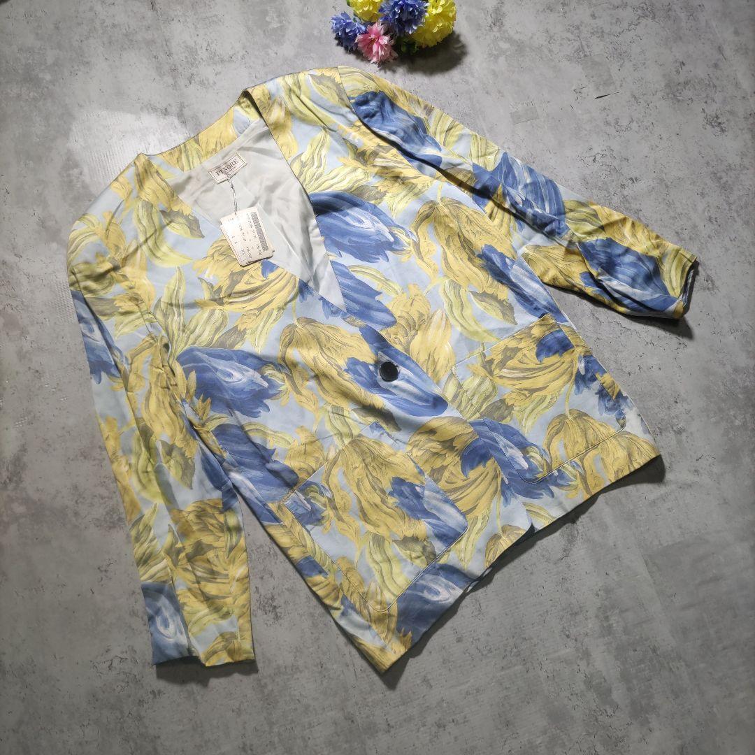 ピノーレ PINORE ノーカラージャケット 花柄 長袖 ブルー (9A2