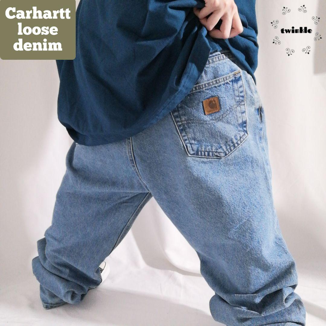 【大人気】Carhartt 革ロゴ 極太ルーズストレート ウォッシュブルーデニム 【大人気】Carhartt 革ロゴ 極太ルーズストレート ウォッシュブルーデニム