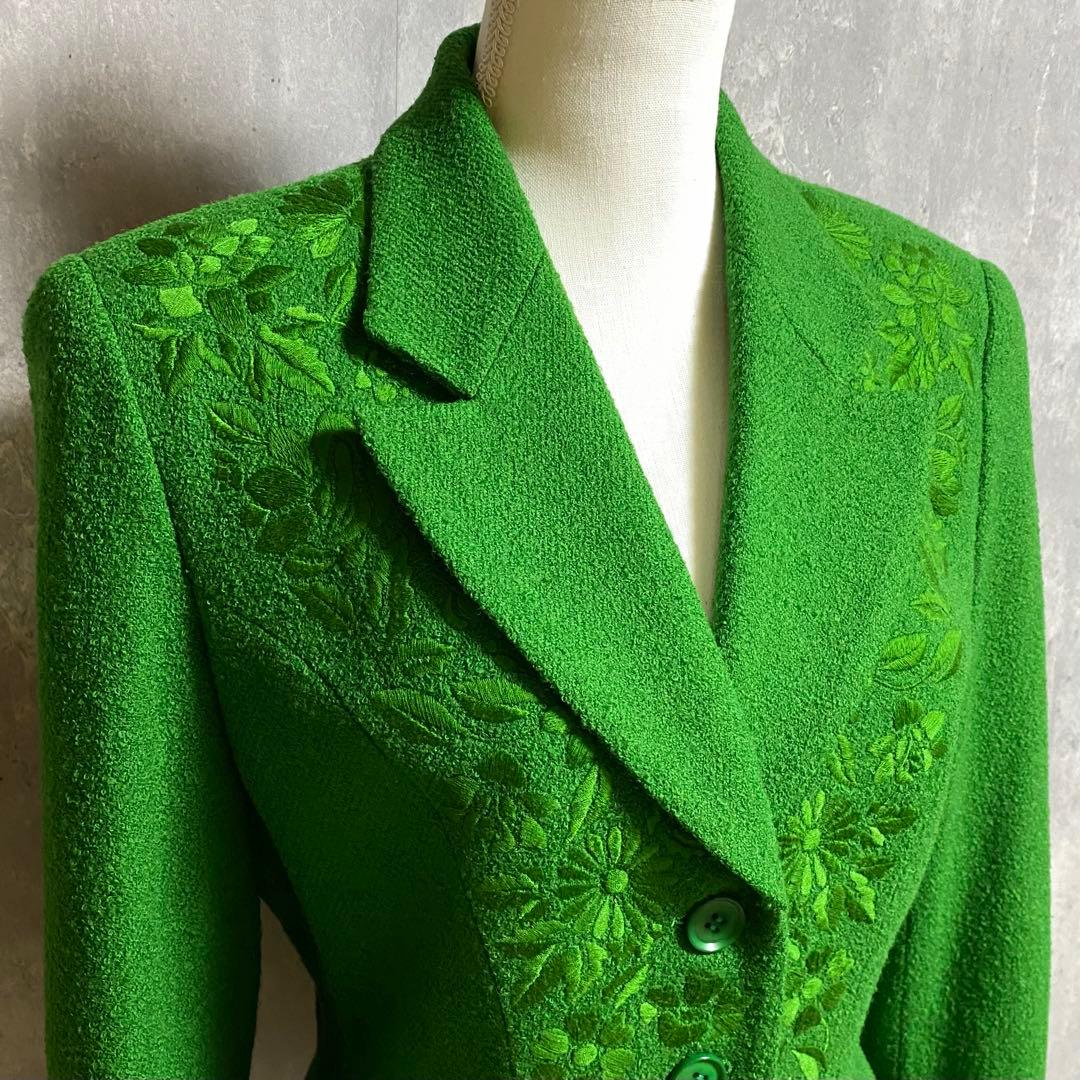【希少】KENZO エルカ期 刺繍 花柄 緑 毛混紡 テーラードジャケット M