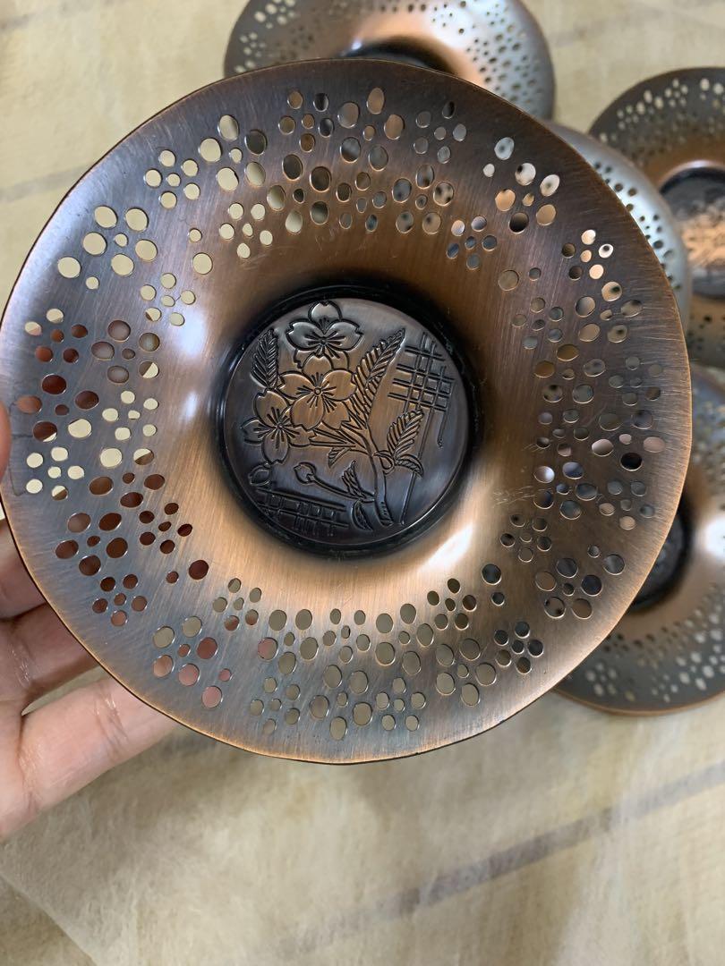 純銅製茶道具飾り 純銅製 茶托 銅透かし彫り茶托 工芸品 煎茶道具 桜柄 径11.5高