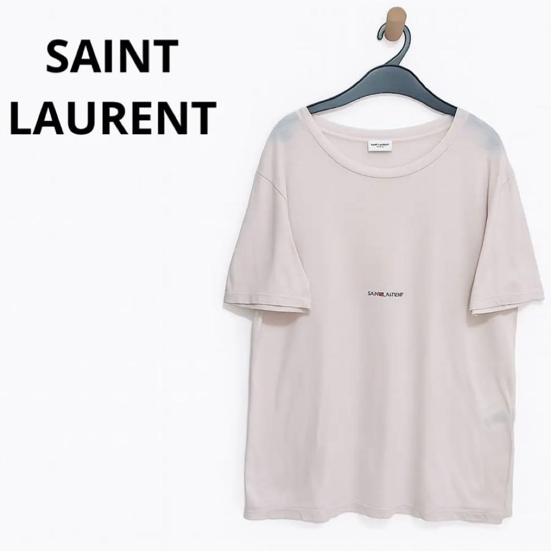 【XS】SAINTLAURENT ダメージ加工　ロゴT 薄ピンク オーバーサイズ