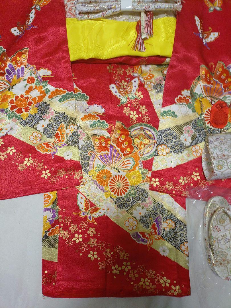 七五三7歳祝着物化繊フルセット綸子風ローズピンク蝶々花柄作り帯はこせこ 画像5