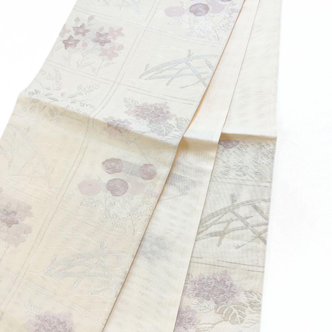 未着用 袋帯 夏用 紗 格子 花模様 桔梗 饅頭菊 紫陽花 着物 064w d 画像8
