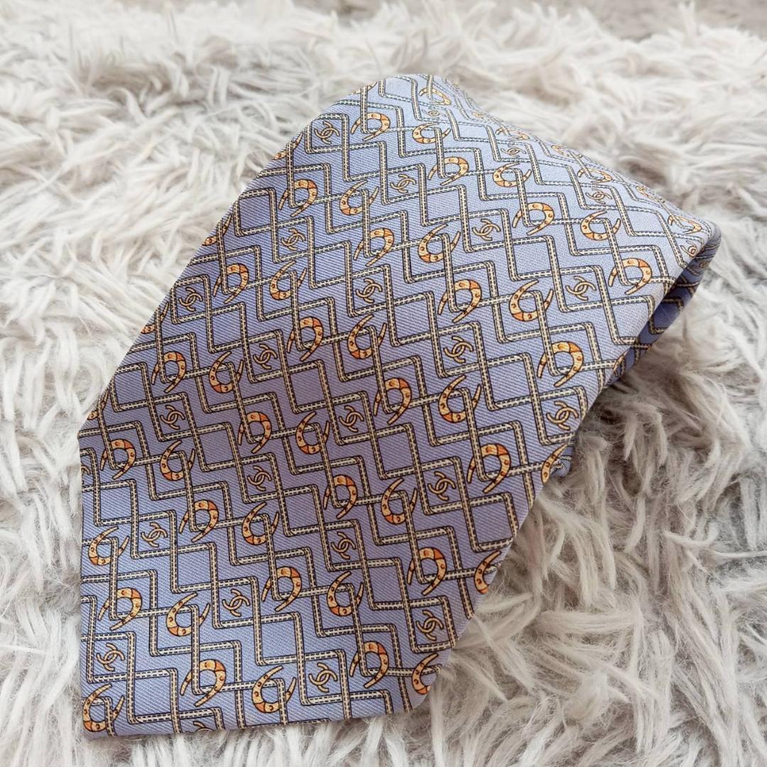 シャネル CHANEL ネクタイ シルク100% ココマーク 馬蹄 蹄鉄 水色系